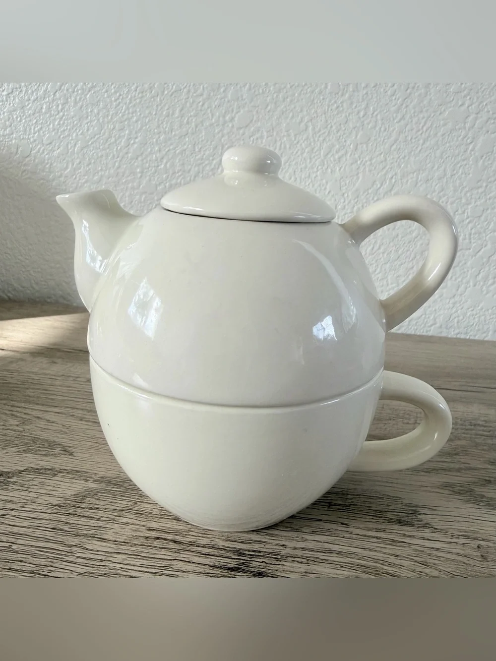 Pier 1 White Porcelain Single Serve Coffee Teapot Cup 3pcs Tea-for-One Stackable